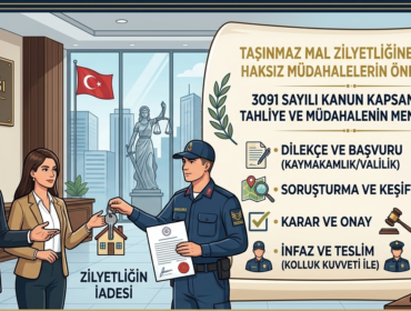 "3091 sayılı kanun kapsamında kaymakamlık ve valilik aracılığıyla taşınmaz tahliyesi ve müdahalenin meni sürecini gösteren, modern ve konu odaklı görsel