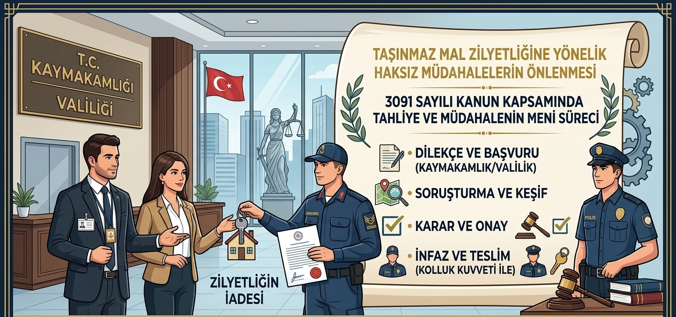 "3091 sayılı kanun kapsamında kaymakamlık ve valilik aracılığıyla taşınmaz tahliyesi ve müdahalenin meni sürecini gösteren, modern ve konu odaklı görsel